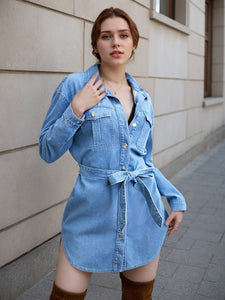 Ladies Denim Collared Long Sleeve Non Elastic Lace up Short Dress