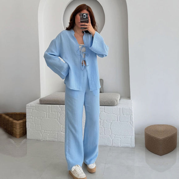 Summer Autumn Solid Color Tied Cardigan Long Sleeve Women Clothing Casual Trousers Two Piece Sets