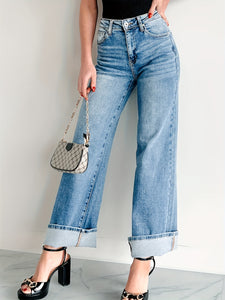 Women Straight Wide Leg Pants with Curling Denim Trousers