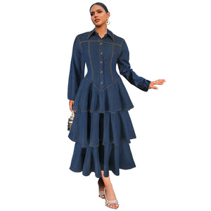 Women Clothing Denim Collared Long Sleeve Tiered Dress Maxi Dress