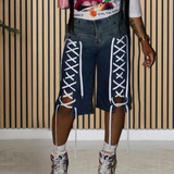 Supply Women Clothing Summer Rope Design Street Elastic Wash Denim Shorts