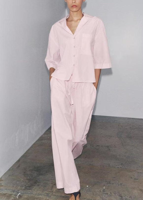 Women Clothing Casual Short Shirt Wide Leg Pants Sets