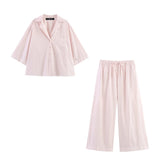 Women Clothing Casual Short Shirt Wide Leg Pants Sets
