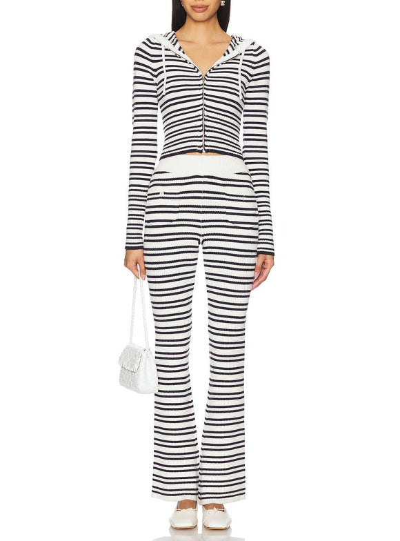 Short Slim Fit Knitted Cardigan Hooded Top Slim Hip Striped Knitted Bootcut Trousers Three Piece Sets Women Autumn