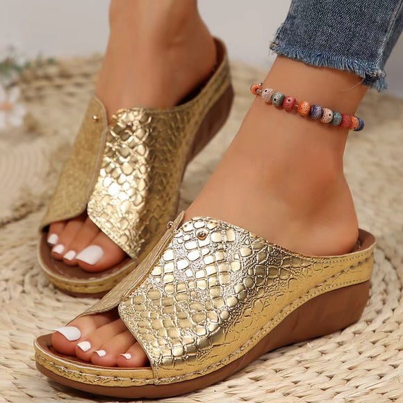 Thick Bottom Peep Toe Slippers Women Stone Pattern Wedge Beach Slippers