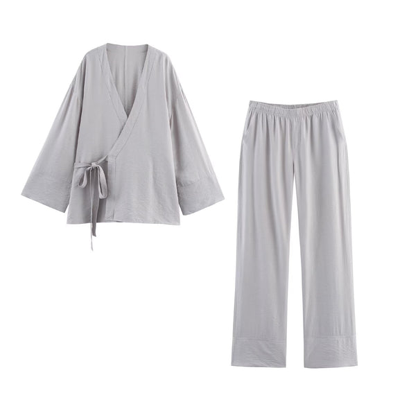 Women Spring Design Long Sleeve Top Wide Leg Pants Sets