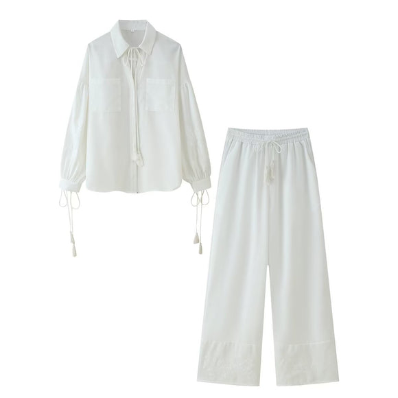 Women Cotton Linen Tassel Lace up Embroidered Shirt Lace up Embroidered Embroidered Trousers