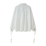 Women Cotton Linen Tassel Lace up Embroidered Shirt Lace up Embroidered Embroidered Trousers