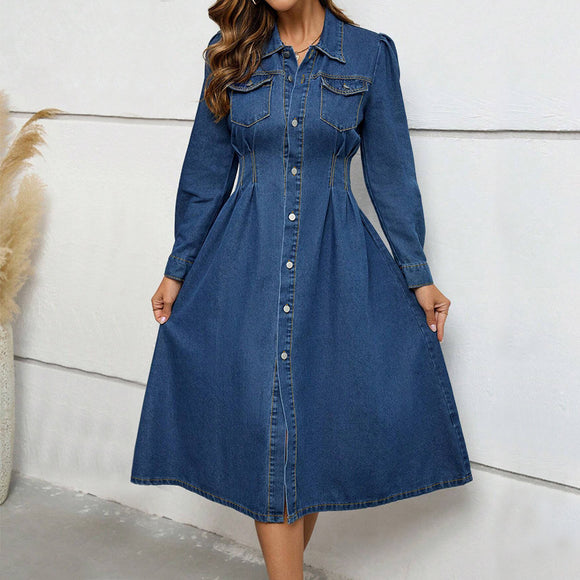 Women Clothing Denim Waist Controlled Long Sleeves Dress