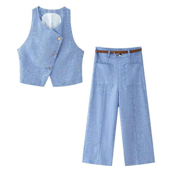 Summer Linen Double Breasted Vest Wide Leg Pants Sets