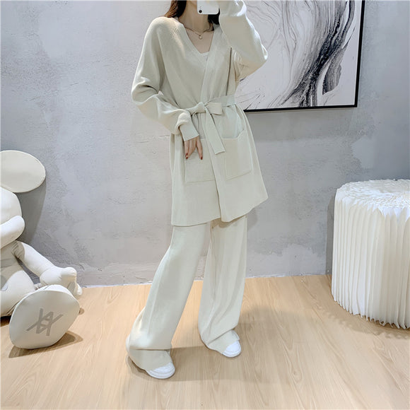 Wide Leg Pants Knitted Cardigan Coat Two Piece Women Spring Autumn Loose Western Fashionable Graceful