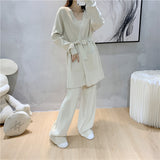Wide Leg Pants Knitted Cardigan Coat Two Piece Women Spring Autumn Loose Western Fashionable Graceful