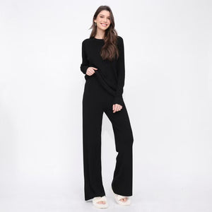 Women Winter Loose Knitted Long Sleeved Round Neck Sweater And Pants Two Piece Set