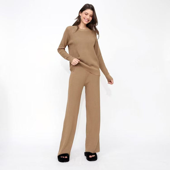 Women Winter Loose Knitted Long Sleeved Round Neck Sweater And Pants Two Piece Set