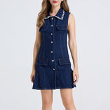 Women Diamond Studded Cinched Waist Pleated Denim Vest Dress Pure Cotton Figure Hugging Dress