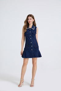 Women Diamond Studded Cinched Waist Pleated Denim Vest Dress Pure Cotton Figure Hugging Dress