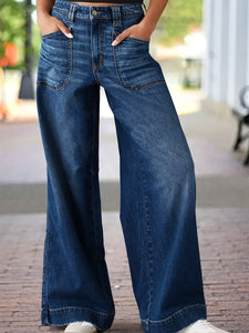 Ladies Stretch Outer Pocket Straight Wide Leg Denim Trousers