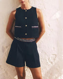 Women Clothing Summer Fancy Trim Vest Jacket Casual Shorts Two Piece Sets