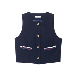 Women Clothing Summer Fancy Trim Vest Jacket Casual Shorts Two Piece Sets