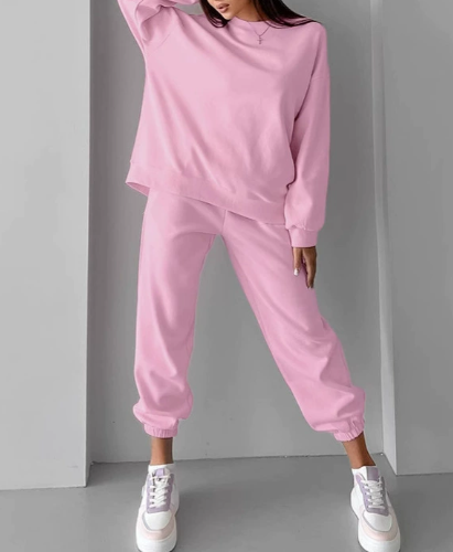 Pink Autumn Winter Fleece lined Sweater Long Sleeve Casual Suit Two Piece Sets Women