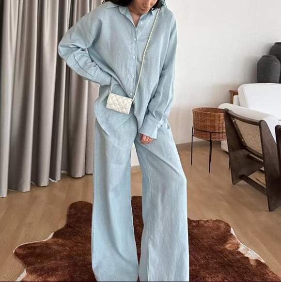 Women Clothing Autumn Simple Solid Color Collared Shirt Elastic Waist Straight Leg Pants Suit