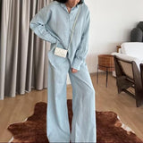 Women Clothing Autumn Simple Solid Color Collared Shirt Elastic Waist Straight Leg Pants Suit