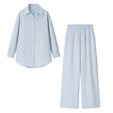 Women Clothing Autumn Simple Solid Color Collared Shirt Elastic Waist Straight Leg Pants Suit