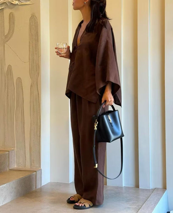 Women Clothing Lace up Kimono Jacket Pants Suit