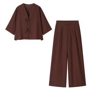 Women Clothing Lace up Kimono Jacket Pants Suit