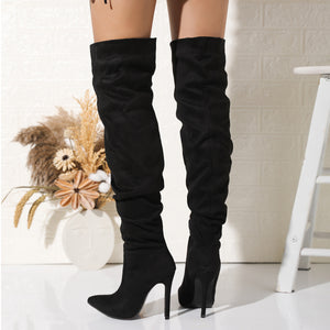 Heels Boots High Leg Boot Women Boots Middle Heel Fine Heel Pointed Toe Suede Retro Folding Tube Surface High Leg Boot