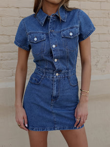 Women Elegant Washed Denim Waistline Non Elastic Denim Dress