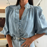 Women Spring Autumn Casual Retro Lantern Sleeve V neck Denim Shirt