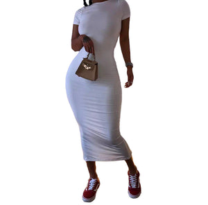 Women Clothing Solid Color Dress Vacation Casual Dress Short Sleeve T shirt Sexy