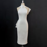 Sexy Neck Holding Backless Bow Slit High Waist Plus Size Sleeveless High Elastic Party Dress Women Dress