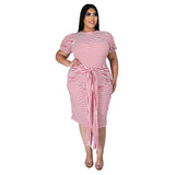 Plus Size Sexy Women Wear round Neck Striped Short Sleeve Lace-up Women Casual Dress