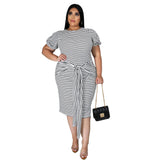 Plus Size Sexy Women Wear round Neck Striped Short Sleeve Lace-up Women Casual Dress
