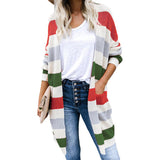 Striped Stitching Sweater Cardigan Women Autumn Winter New Long Color Matching Pocket Knitted Cardigan