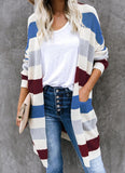 Striped Stitching Sweater Cardigan Women Autumn Winter New Long Color Matching Pocket Knitted Cardigan