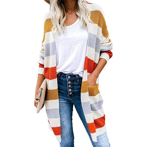 Striped Stitching Sweater Cardigan Women Autumn Winter New Long Color Matching Pocket Knitted Cardigan