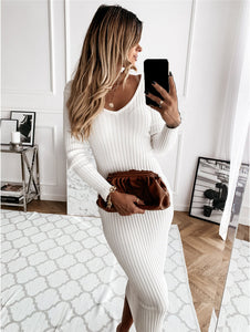 Autumn Winter V-neck Solid Color Long Sleeve Sunken Stripe Dress Women Clothing Plus size