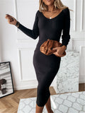 Autumn Winter V-neck Solid Color Long Sleeve Sunken Stripe Dress Women Clothing Plus size