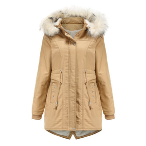 Women Cotton-Padded Clothes Fleece Mid-Length Detachable Hat Fur Collar Winter Warm Fleece Overcoat Woman Plus Size