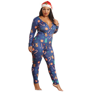 Plus Size Christmas Knitted Printed Tight Sexy Home Wear Women Jumpsuit