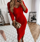 Autumn Winter V-neck Solid Color Long Sleeve Sunken Stripe Dress Women Clothing Plus size