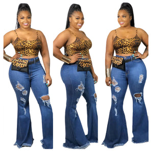 Sexy Knee Hole Slim Denim Stretch plus Size Girls Bell-Bottom Pants
