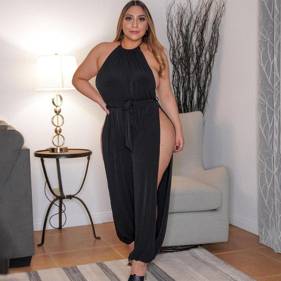 Plus Size Women Clothes Slit Wide Leg Lace-up Sleeveless Nightclub Sexy Jumpsuit