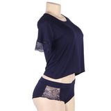 Plus Size Dark Blue Shirt Home Wear Two Piece Set