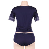 Plus Size Dark Blue Shirt Home Wear Two Piece Set