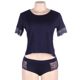 Plus Size Dark Blue Shirt Home Wear Two Piece Set