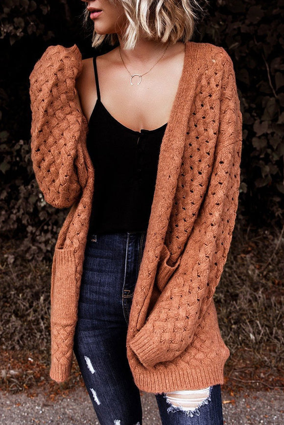 Brown Open Front Woven Texture Knitted Cardigan with Pockets